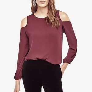 New ANN TAYLOR Cold Shoulder Top Blouse Burgundy Long Sleeve Small